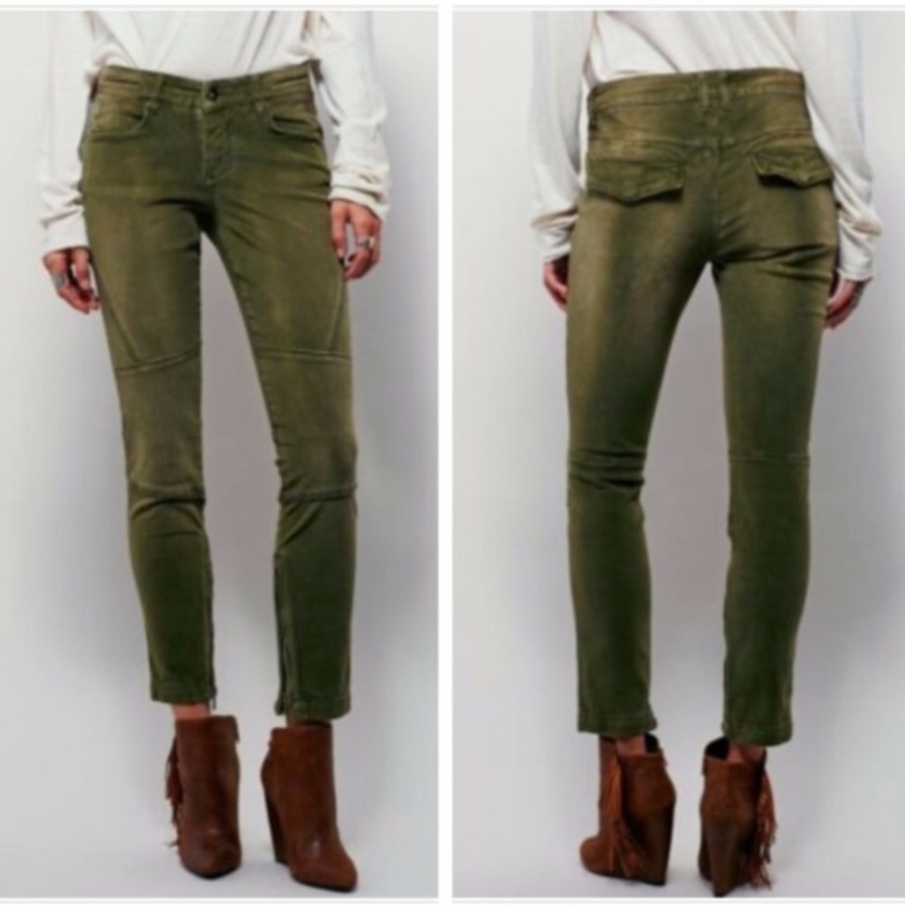 Free People Skinny Velvet Gavin Moto Ankle Pants Olive Green Size 25